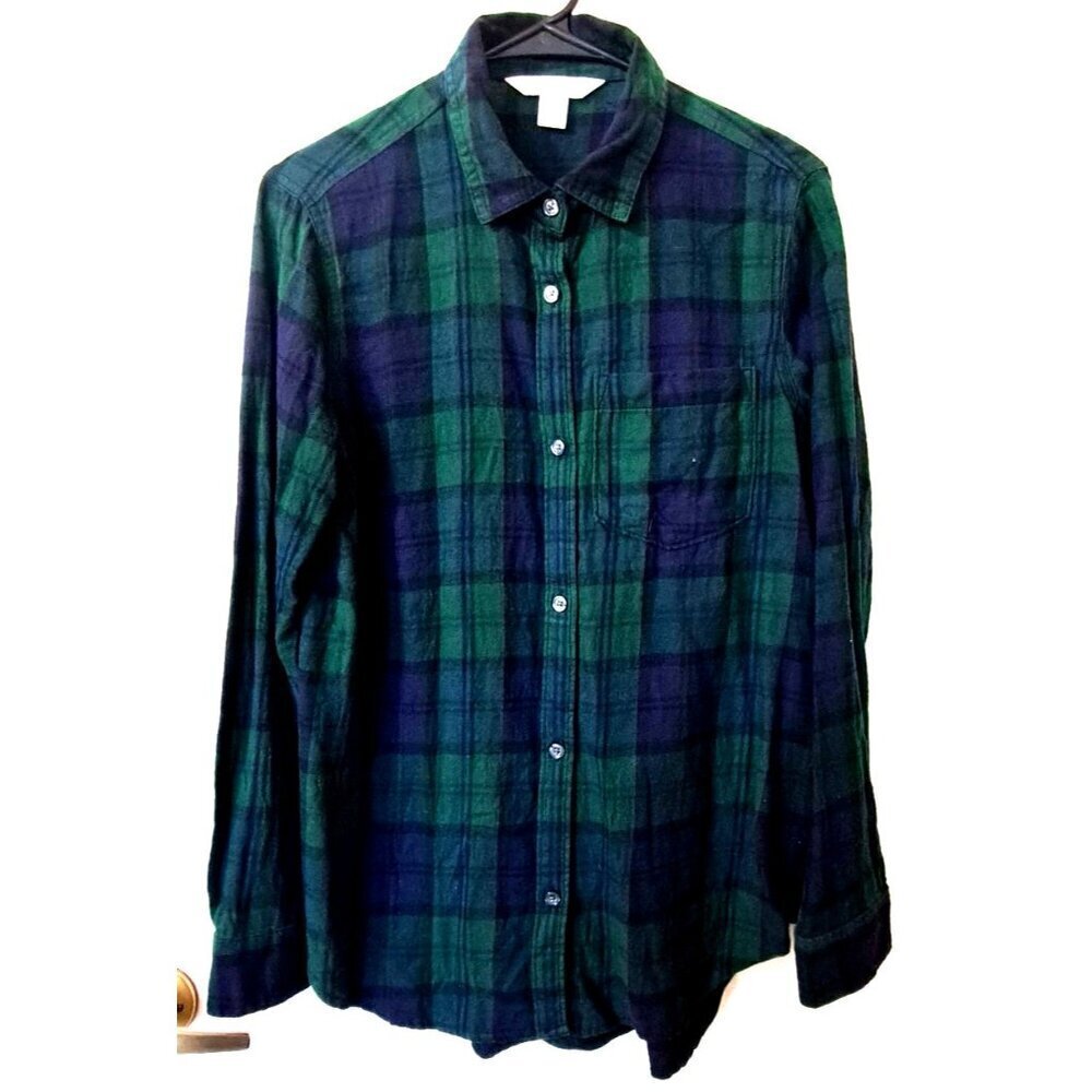 Old Navy The Classic Shirt Women's M Cotton Blackwatch Plaid Long Sleeve